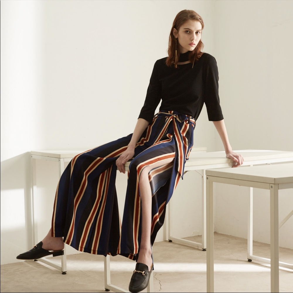 Stripped wide leg pants with belt - Picture 3 of 16